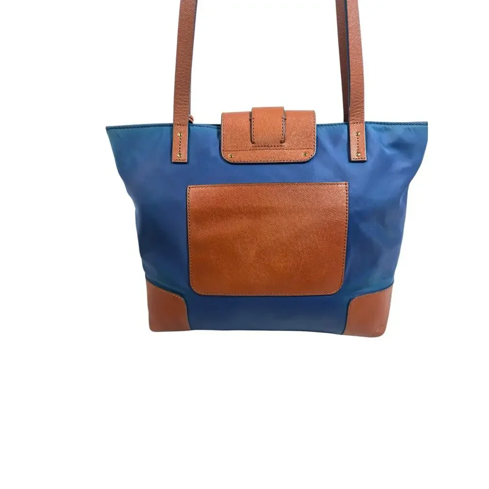 Tory Burch Blue Nylon Tote Tan Leather Trim Gold Hardware Shoulder Bag
